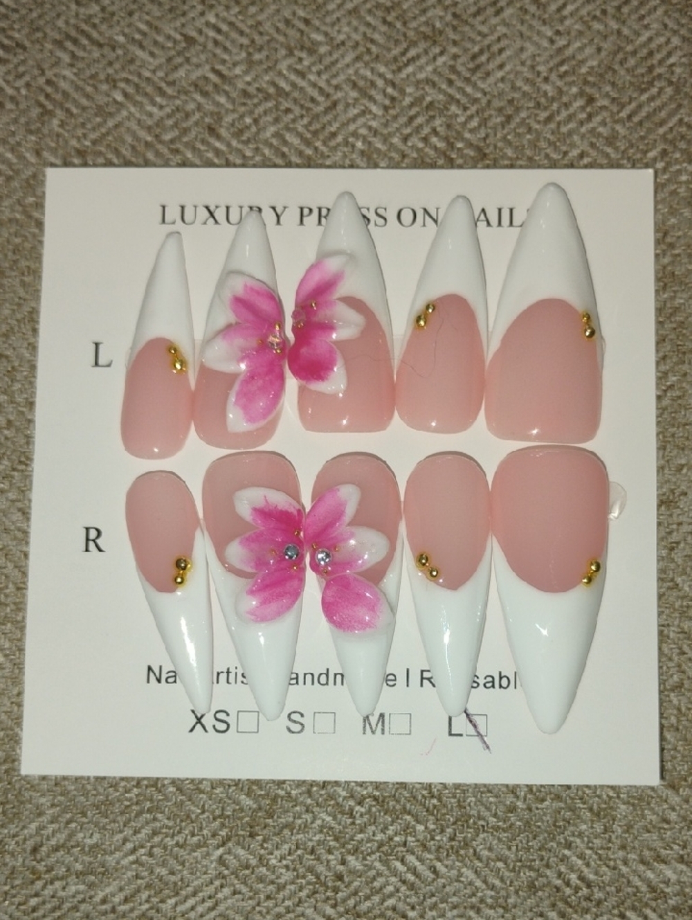 Hand-Painted Pink Floral Press-On Nails with White Tips